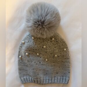 Gray Knit Pom Pom Beanie with Pearls & Sequins